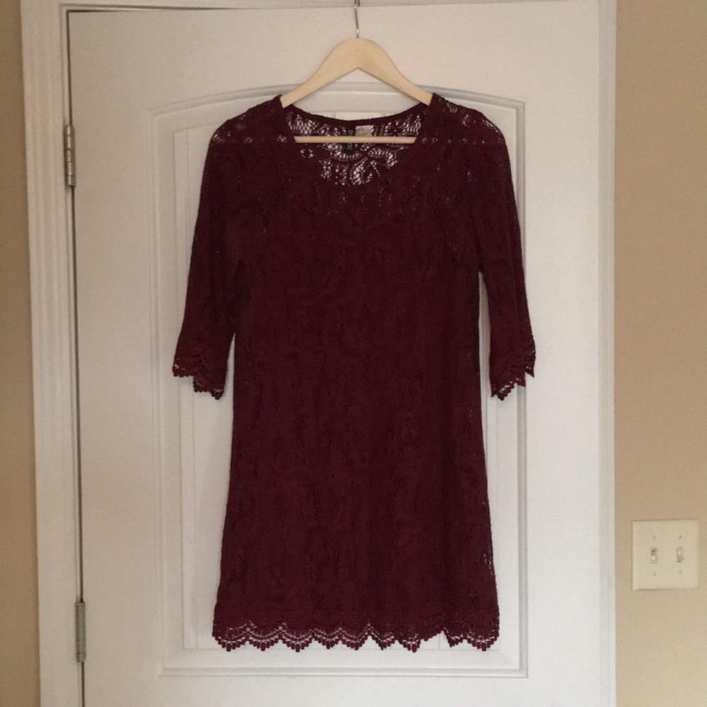 H&M Garnet Burgundy Short Lace Long Sleeve Dress